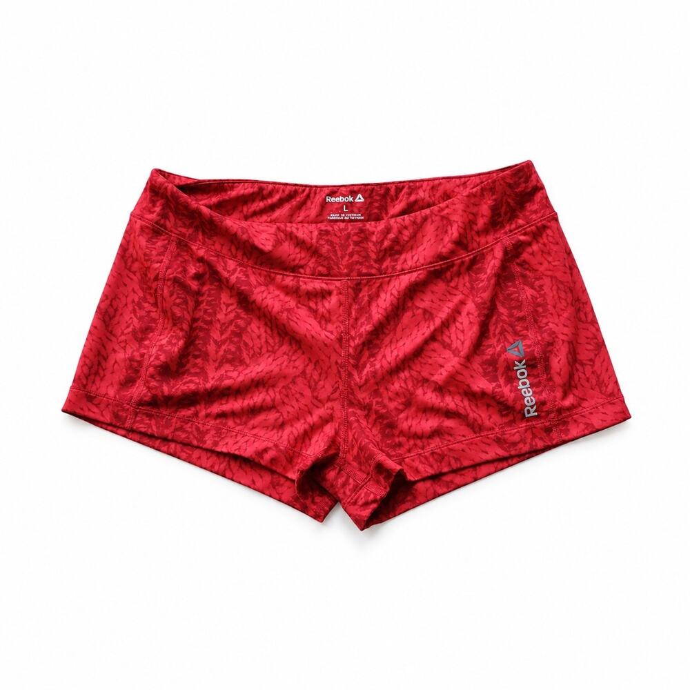 Reebok PlayDry Womens Red Abstract Compression Booty Shorts Size L Gym Workout